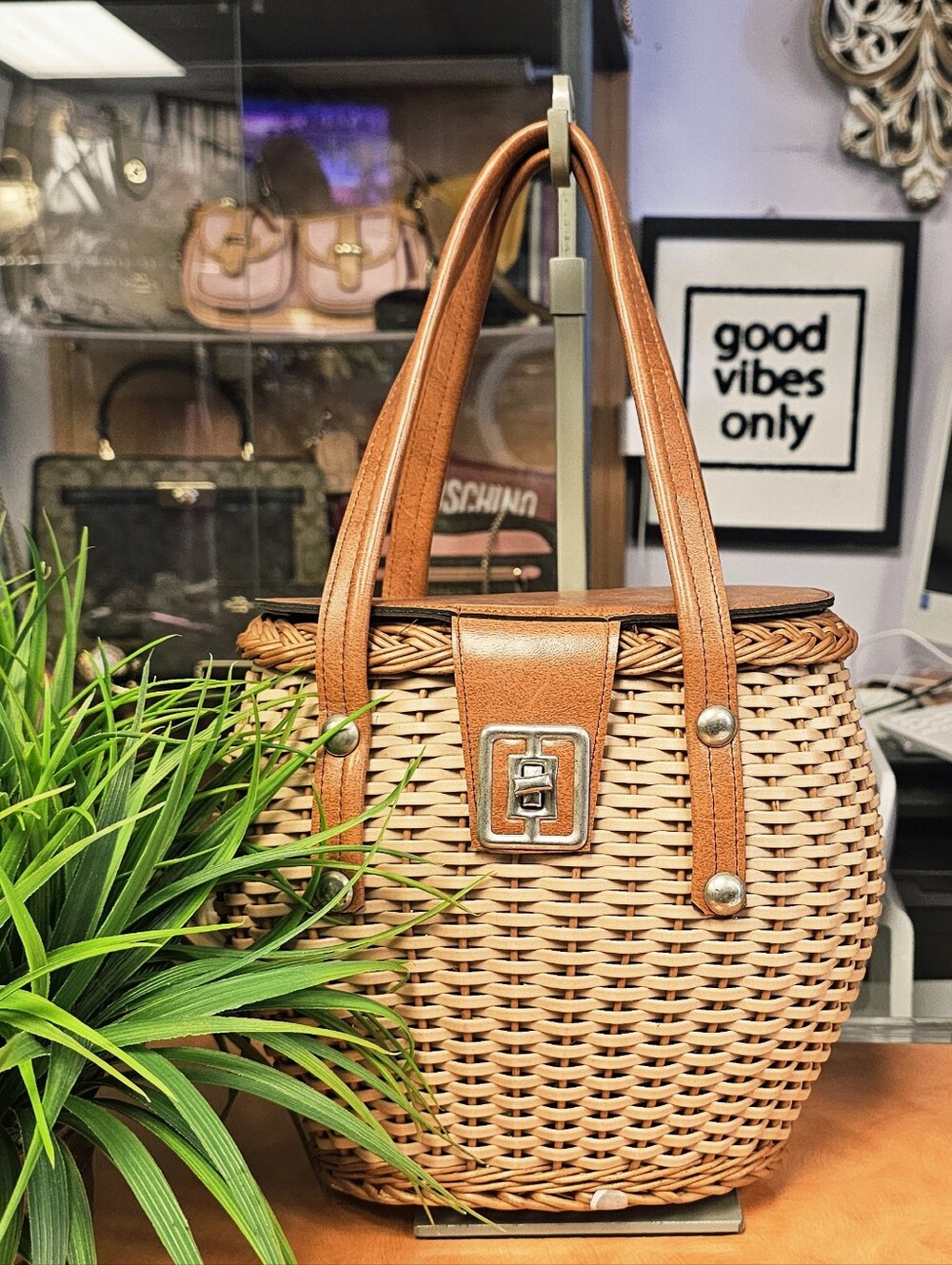 Vintage 70's Woven Rattan Tote Bag with Tan Leather Trim